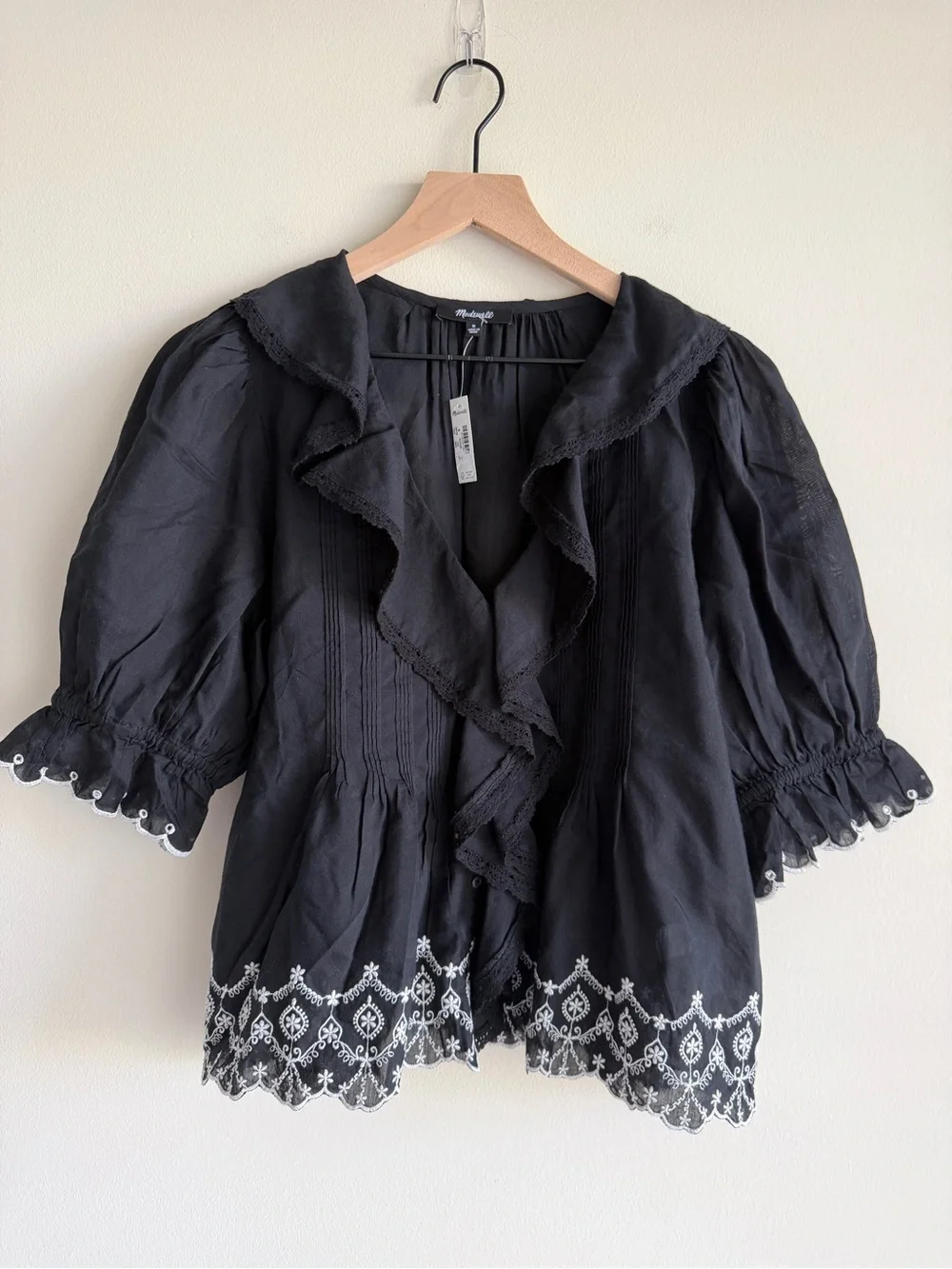 Madewell The Blaire Top Jet Black Embroidered Ruffle Blouse Size M NWT